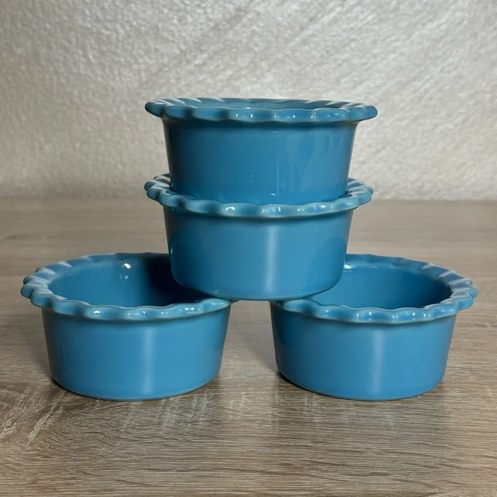 4 Chantal Scalloped Baking Dish Blue Bake Freeze Stonewear 1/2 Cup